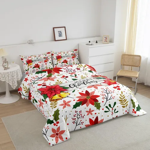 Vista 3 de Juego de edredón de Feliz Navidad, tamaño individual, juego de ropa de cama de flores rojas de Navidad, bayas y hojas, para niños y hombres, juego