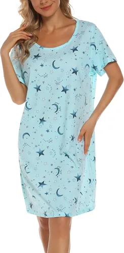 Vista 3 de ENJOYNIGHT Camiseta de dormir de algodón para mujer, camiseta de dormir de manga corta con estampado