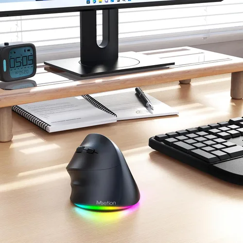 Vista 7 de MEETION Ratón ergonómico para zurdos, ratón inalámbrico vertical RGB recargable, Bluetooth (5.2 + 3.0) y USB-A con adaptador USB-C, 4 DPI