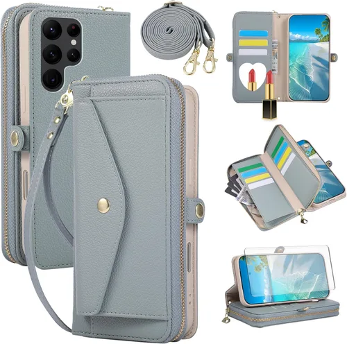 Vista 67 de Asuwish Funda de teléfono para Samsung Galaxy S23 5G con cremallera, funda para celular con protector de pantalla, correa para el hombro, espejo