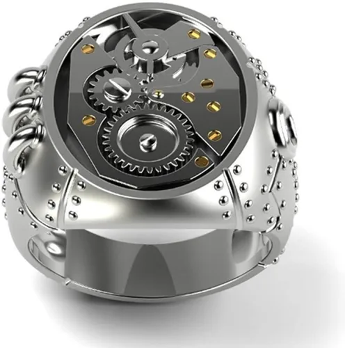 Vista 2 de LRGKMCWTOB Anillo universal de plata de ley 925 con personalidad mecánica Steampunk para hombres y mujeres, anillo universal de compromiso retro
