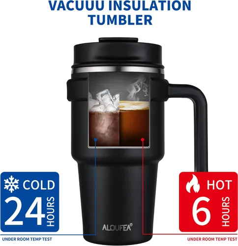 Vista 4 de Taza de café aislada de 20 onzas con asa, vaso de viaje de acero inoxidable con tapa y popote, taza térmica de doble pared al vacío a prueba de Negro