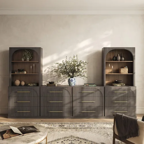 Vista 19 de BELLEZE Centro de entretenimiento modular de 4 piezas con almacenamiento, 2 vitrinas de madera moderna con gabinete arqueado y 2 armarios de puerta
