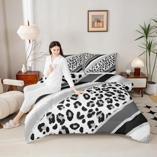 Vista 49 de Juego de edredón con estampado de leopardo para niños, tamaño individual, juego de ropa de cama de moda de piel de guepardo abstracto, decoración