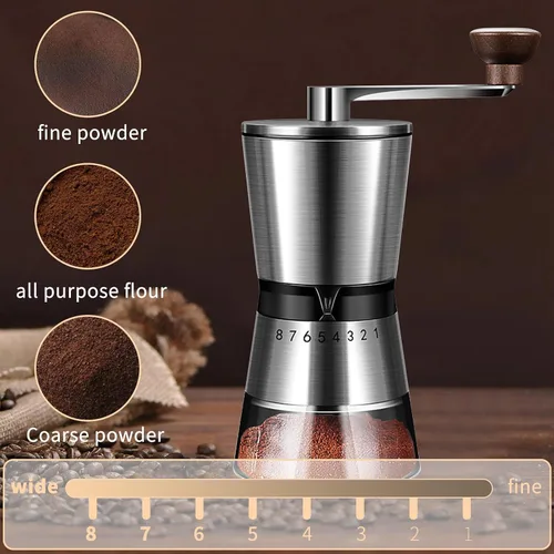 Vista 5 de Molinillo de café manual, capacidad de 6.53 oz con rebaba cónica de molienda de cerámica de 1.417 in, ajuste ajustable externo de 8 velocidades