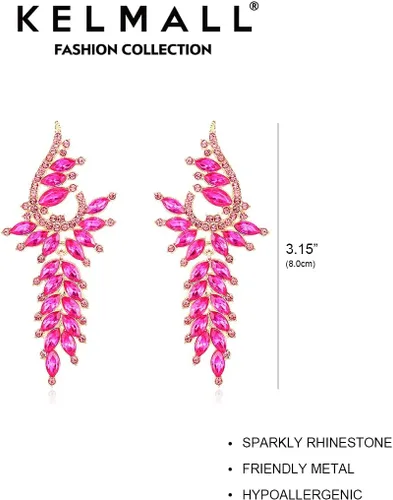Vista 7 de KELMALL Aretes colgantes largos con diamantes de imitación para mujer, aretes colgantes de cristal brillante, aretes colgantes para boda y baile