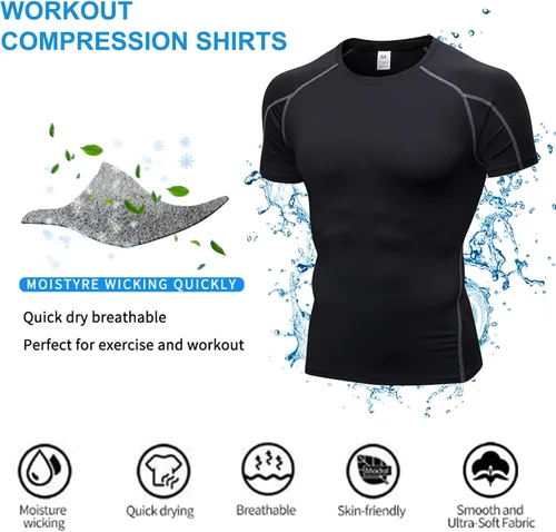 Vista 5 de Paquete de 3 camisetas de compresión atléticas para hombre, manga corta, camiseta de entrenamiento, camiseta deportiva fresca y seca