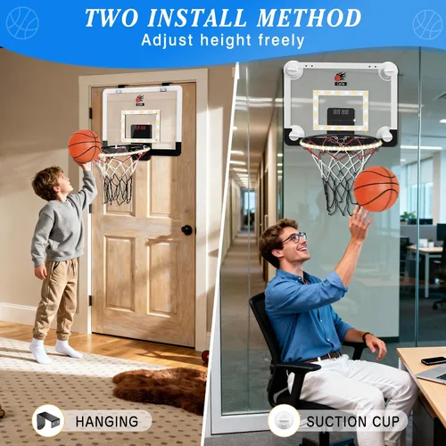 Vista 5 de CYFIE Mini aro de baloncesto para interiores para niños con luz LED, ventosa/aro de baloncesto sobre la puerta con marcador y 3 bolas, juguetes