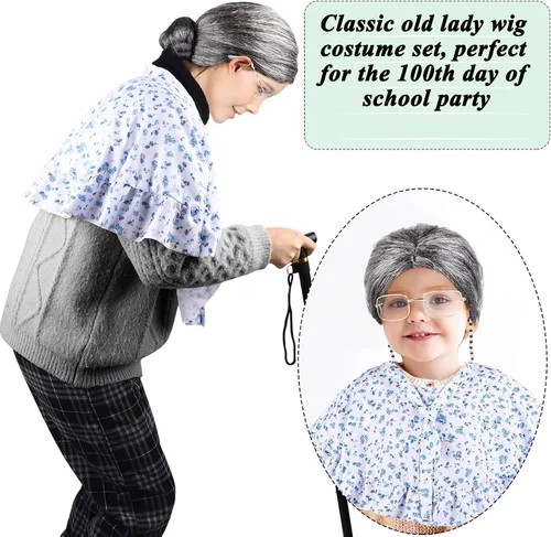 Vista 4 de WYTAOHZL Juego de 8 piezas de disfraz de 100 días de escuela para niños, 100 días de escuela, personalizado para niñas, peluca de abuelita, peluca
