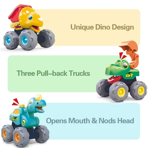 Vista 4 de iPlay, iLearn Juguete de camión monstruo de dinosaurio de 3 piezas, auto de tracción para bebé, camiones de construcción de dinosaurios Push Go