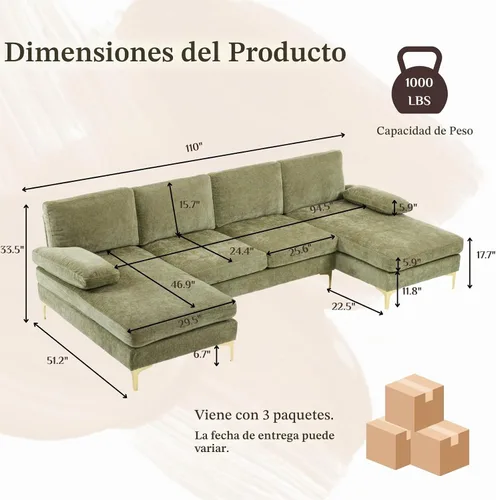 Vista 2 de Karl home Sofá seccional de 110" en forma de U de 4 asientos, verde