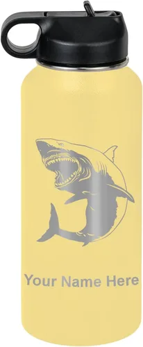 Vista 57 de LaserGram Botella de agua personalizada, gran tiburón blanco, acero inoxidable de doble pared aislada al vacío con popote superior, regalo grabado