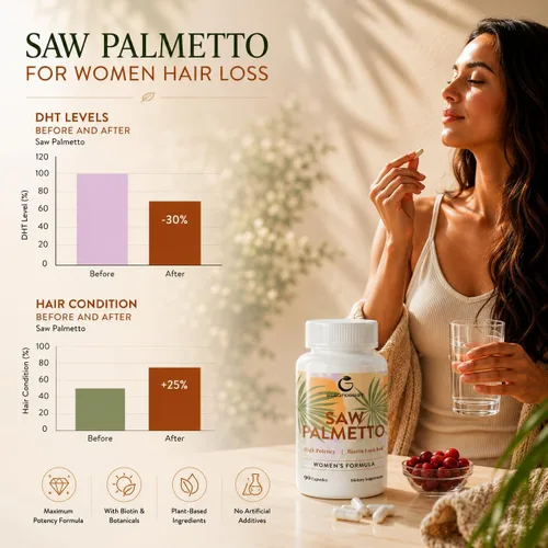 Vista 4 de Saw Palmetto para la pérdida de cabello de las mujeres, bloqueador DHT con mezcla 5 en 1 para el crecimiento del cabello, la piel y las uñas