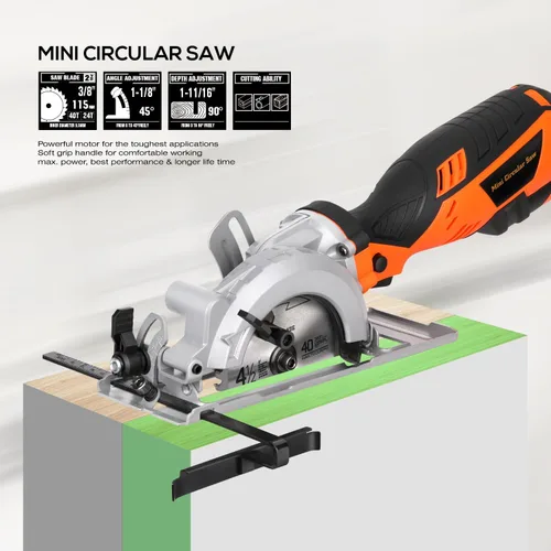 Vista 5 de Power Circular Saw,5.8A Mini Circular Saw,3500RPM Corded Saw Equipped with 2 Pcs 4-1/2" Blades，Maximum Cutting 1-11/16" at 90° and 1-1/8"at 45° for