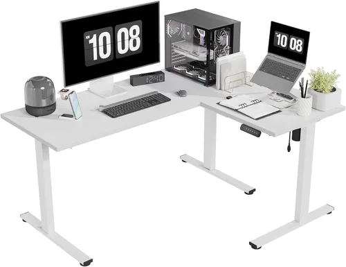 Vista 34 de SANODESK - Escritorio de pie en forma de L, altura ajustable, escritorio de esquina eléctrico, mesa de computadora ajustable de 63 x 48 pulgadas