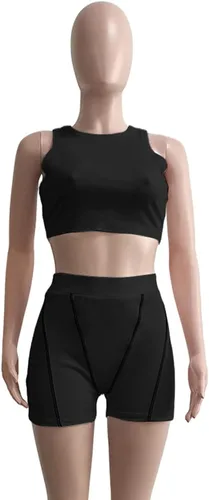 Vista 3 de Alunzoem Conjuntos de entrenamiento para mujer 2 piezas trajes de gimnasio sin costuras acanalado camiseta sin mangas pantalones cortos de cintura