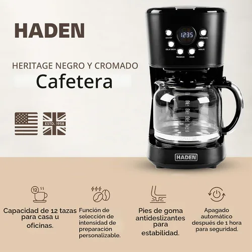Vista 2 de Máquina de Café Haden, Cafetera de Goteo Programable de 12 Tazas con Función de Apagado Automático y Filtro de Agua Reutilizable Lavable, Negro