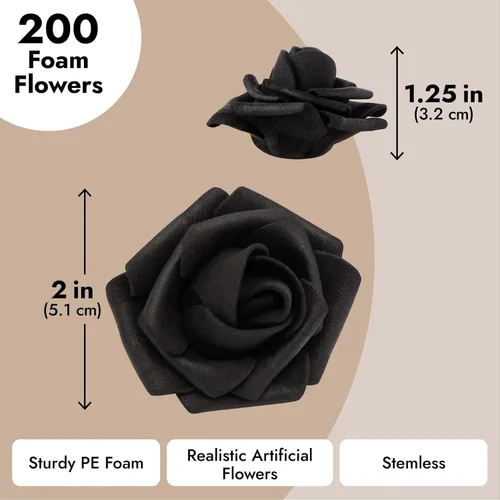Vista 6 de Bright Creations Rosas artificiales sin tallo, flores artificiales negras para manualidades, rosas de espuma suave para arreglos de bricolaje, 200
