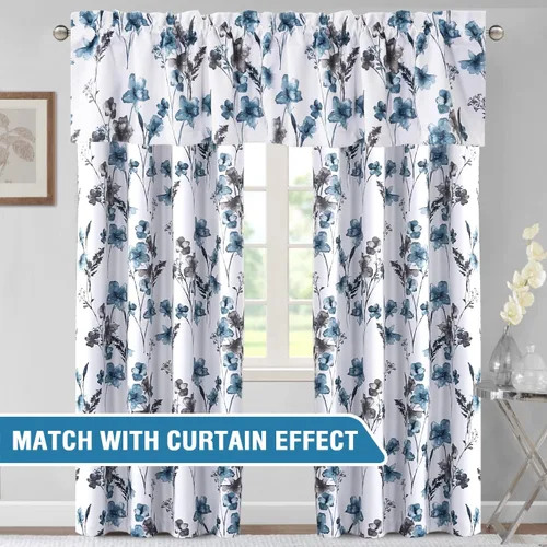 Vista 2 de H.VERSAILTEX Cenefas de cortina 100% opacas para ventanas de cocina, juego de 2 paneles de Cattleya con estampado floral Leah con aislamiento