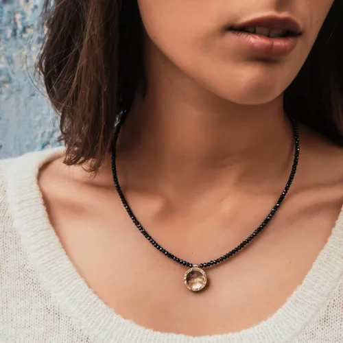Vista 2 de Two Tone Solid 9k Yellow Gold 925 Sterling Silver and Black Crystal Stone Beaded Pendant Necklace