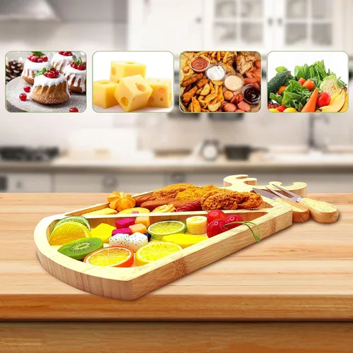 Vista 3 de Tabla de charcutería personalizada de bambú para quesos y cuchillos, divertida tabla de aperitivos de hojas de árbol de Navidad, tablero