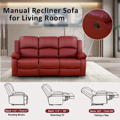 Vista 3 de Juego de sofá reclinable manual, muebles de cuero regenerado para sala de estar, sofás reclinables de cuero con portavasos, consola