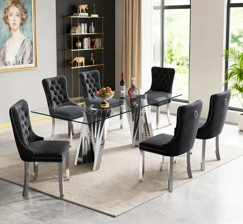 Vista 41 de Juego de mesa de comedor de cristal dorado de 5 piezas, 70 pulgadas, rectangular, moderna, para cocina y comedor, juego para 4, mesa de comedor