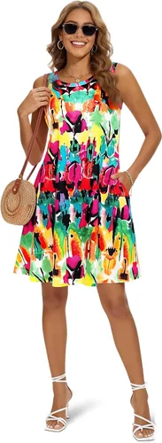 Vista 5 de Vestidos de verano 2025 para mujer, vestidos informales para la playa, salidas de baño, vestidos acampanados y con vuelo, sin mangas, tipo camiseta