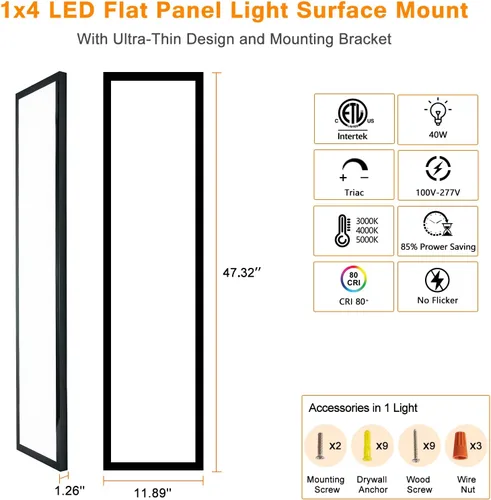 Vista 7 de Lámpara de panel plano LED negra de 1x4 pies, montaje en superficie, 5000K-4000K-3000K seleccionable y regulable Triac, lámpara de techo rectangular