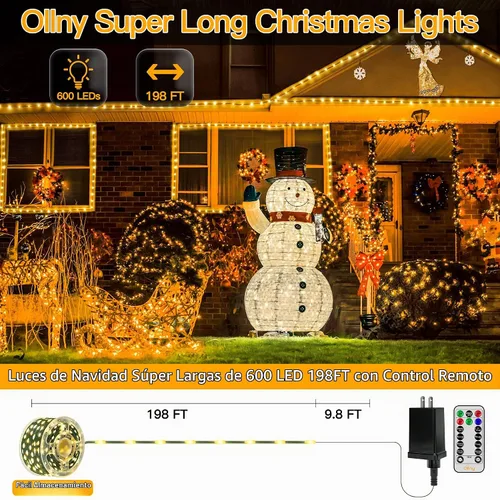 Vista 2 de Ollny Luces LED de 198 pies 600 LED para exteriores, impermeables, enchufables, para árbol de Navidad, con 8 modos de temporizador remoto, cadena