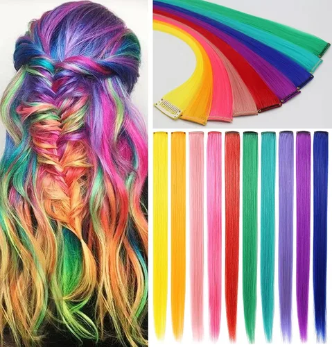 Vista 16 de 12 extensiones de cabello de colores rectas de 20 pulgadas, extensiones de cabello sintético con clip, color arcoíris, con reflejos, para fiesta