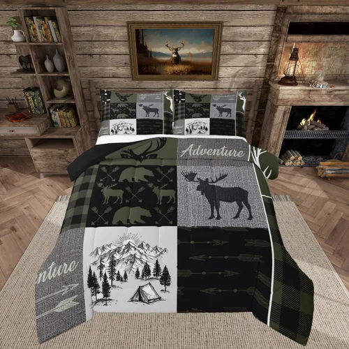 Vista 22 de Juego de edredón de cabaña rústica navideña, juego de ropa de cama estilo rústico con diseño de osos y ciervos, tamaño completo, patchwork Multi 08