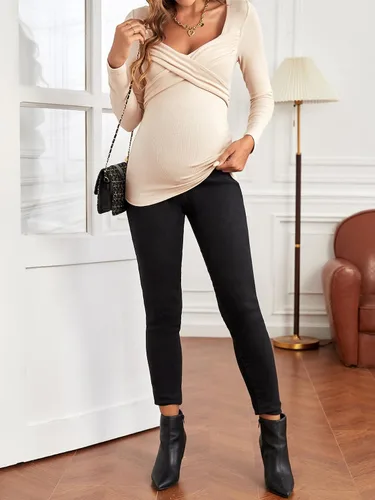 Vista 5 de MakeMeChic Camisas de maternidad para mujer, cuello de corazón cruzado, manga larga, acanalada, para embarazo