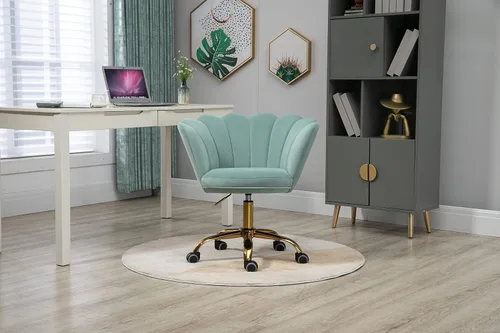 Vista 2 de Silla cómoda de oficina en casa con ruedas, linda silla de escritorio ajustable de terciopelo con respaldo de concha marina moderna giratoria