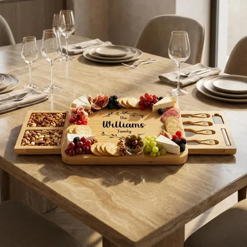 Vista 4 de Juego de tablas de charcutería personalizadas con dos cajones, tabla de queso de bambú grabada personalizada, Navidad, boda y regalo de inauguración