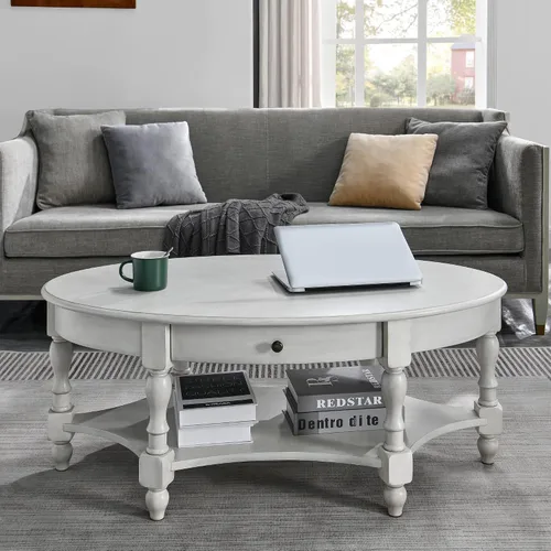 Vista 3 de Mesa de centro con cajón, mesa central ovalada de madera maciza con estante de almacenamiento, mesa de sala de estar tradicional con elegante