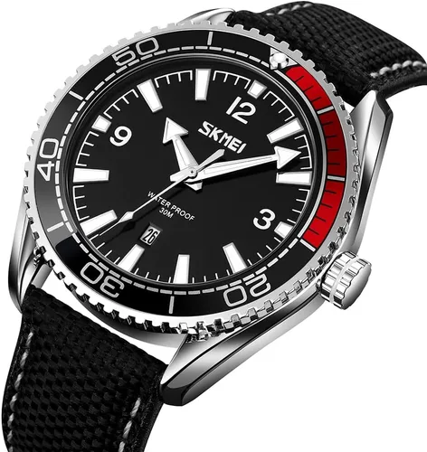 Vista 3 de SKMEI Relojes para hombre, correa de cuero negro, deportivo, grande, grande, de lujo, impermeable, luminoso, vestido de moda, casual, analógico