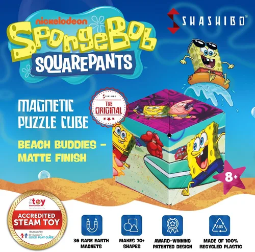 Vista 2 de SHASHIBO Caja de cambio de forma de Bob Esponja, cubo magnético STEM que se transforma en más de 100 formas, descarga la aplicación móvil Fun in