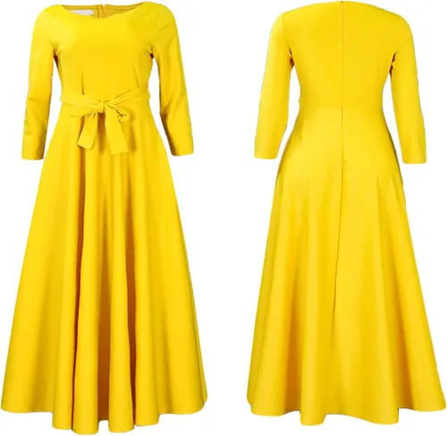 Vista 3 de SEMATOMALA Vestido largo acampanado para mujer, con lazo en la cintura, cuello redondo, manga 34, cintura alta, talla grande, acampanado