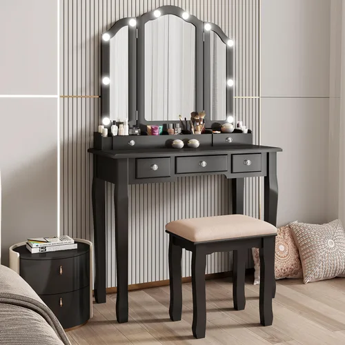 Vista 7 de Escritorio de tocador con espejo y luces de maquillaje con luces mesa con luz tocador de maquillaje con cajones negro juego de tocador para niñas