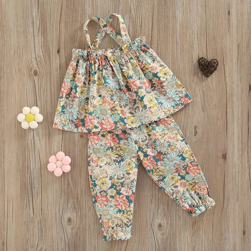 Vista 4 de Conjunto de 2 piezas de ropa con volantes y cuello halter floral para niños pequeños