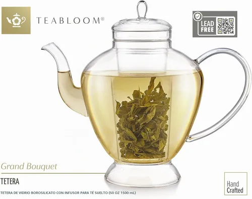 Vista 3 de Teabloom Grand Bouquet - Tetera de vidrio con infusor de vidrio Microdot, elegante tetera de borosilicato de 50 onzas para tés de hojas enteras