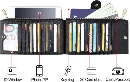 Vista 3 de Badiya Billetera para mujer con bloqueo RFID, con patrón de múltiples tarjeteros, A-Classical-Negro, Classic