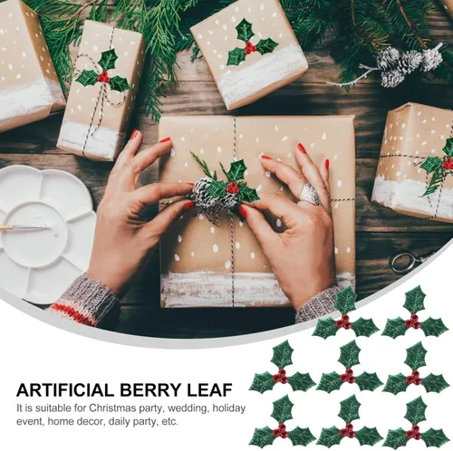 Vista 8 de EXCEART 100 piezas de bayas de acebo artificiales con hojas verdes de Navidad, ramas de baya de acebo, accesorios de decoración para bricolaje