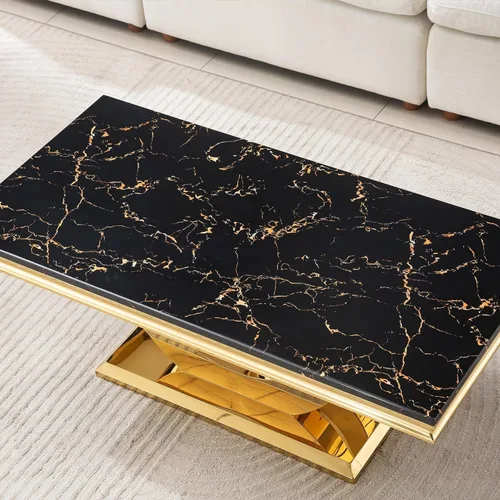 Vista 5 de Mesa de centro de 47 pulgadas de mármol negro con base en forma de U de acero inoxidable espejado, mesa central de parte superior rectangular