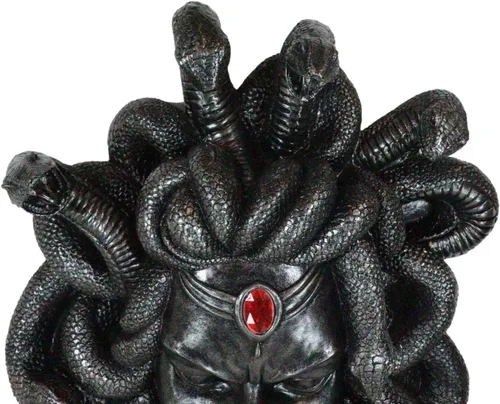 Vista 6 de Ebros Mitología griega Gorgona Diosa Medusa Cabeza con pelo de serpientes y frasco rojo de gema de sangre Decoración de pared Estatua de 16 pulgadas