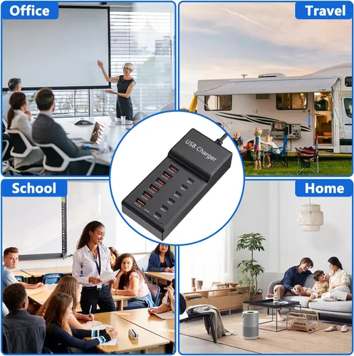 Vista 6 de Bloque de Cargador USB C Multi USB Estación de Carga 50W 12 Puertos Hub USB C Múltiple Tira de Carga USB para iPhone 13/14/15/16/Smartphone/Tablet