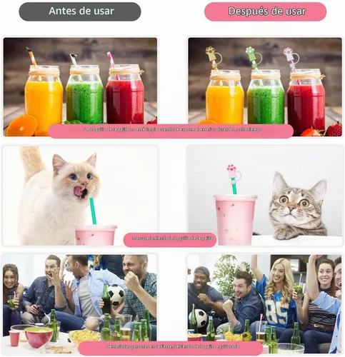 Vista 4 de LIQALU Juego de 6 fundas protectoras de paja para gatos, accesorios reutilizables para beber, de silicona, para pajitas de 0.394 in