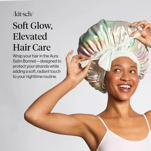 Vista 2 de Kitsch Gorro de Satén XL para Dormir - Aura Más suave que el gorro de seda para mujeres que duermen, ajuste seguro, ajustable y evita roturas