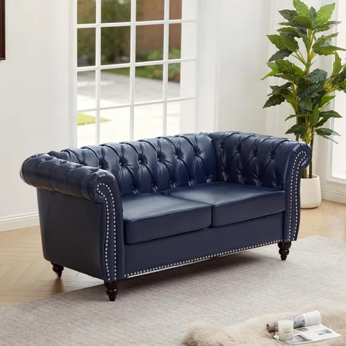 Vista 11 de AVZEAR Sofá Chesterfield de 84 pulgadas, 3 plazas, sofá clásico de cuero PU con brazos enrollados y respaldo con botones capitoné, sofá tipo canapé
